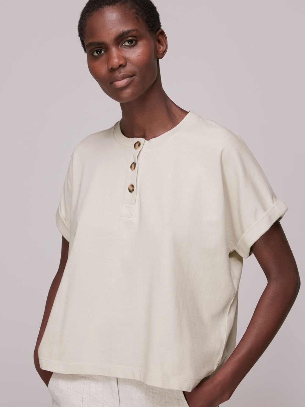 Whistles Beige Round Neck Henley Tee Size XS